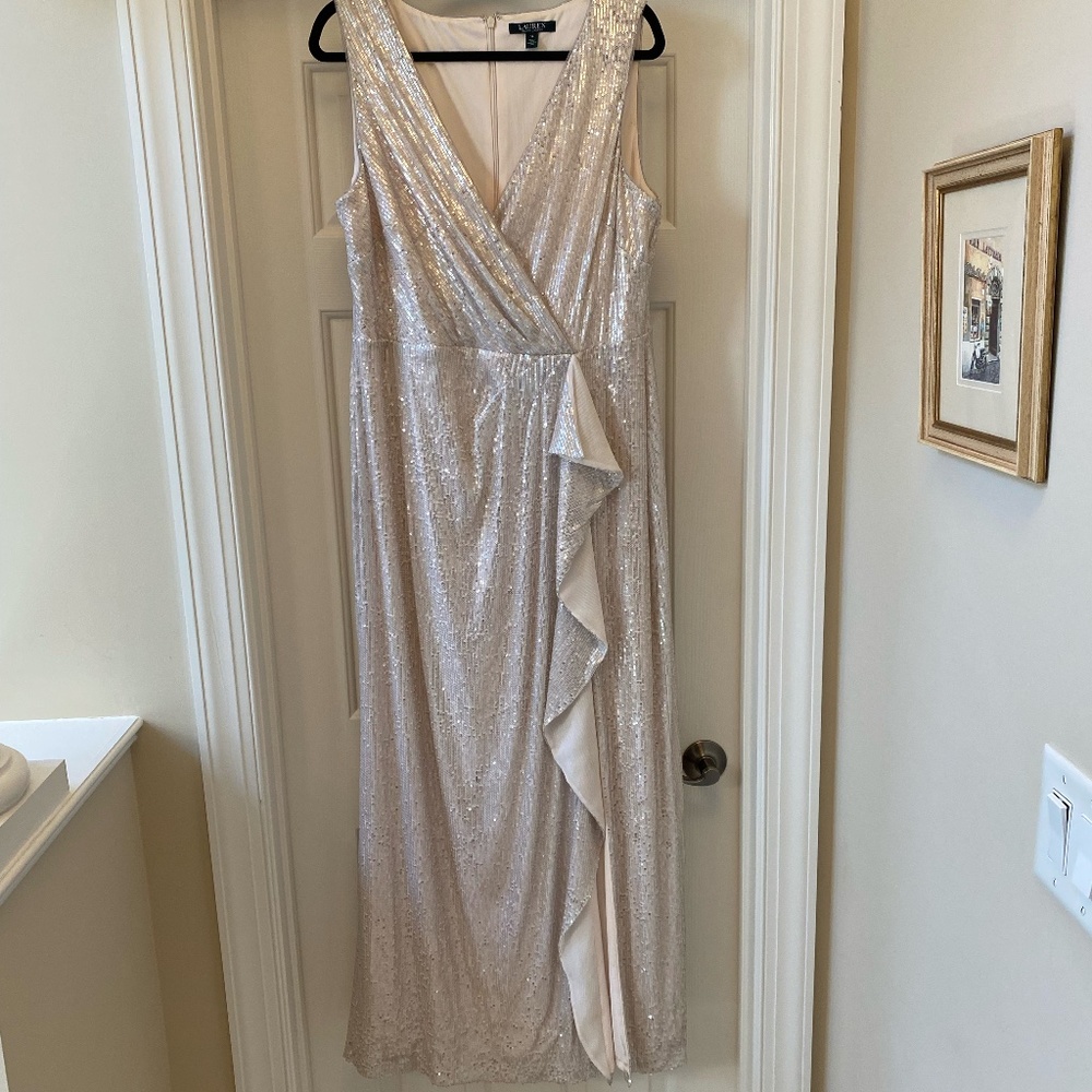 Lauren Ralph Lauren Formal Sparkly Dress Size 14 Silver Pink Metallic w/ Sequins